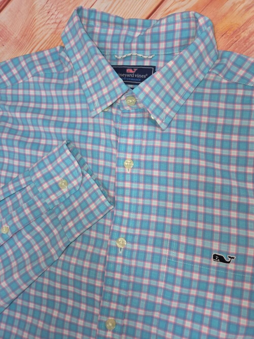 Vineyard Vines Slim Tucker Blue-Pink Performance Shirt Small